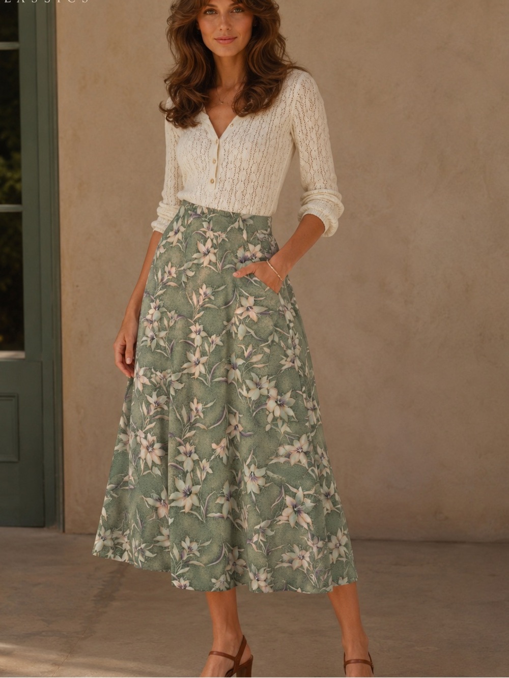 Vintage 90s Jaclyn Smith Classics Sage Green Floral Midi Skirt Size 8